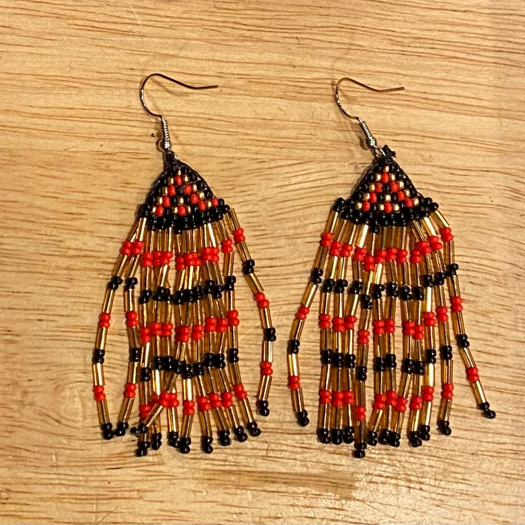Red, Black & Gold Beaded Fringe Earrings